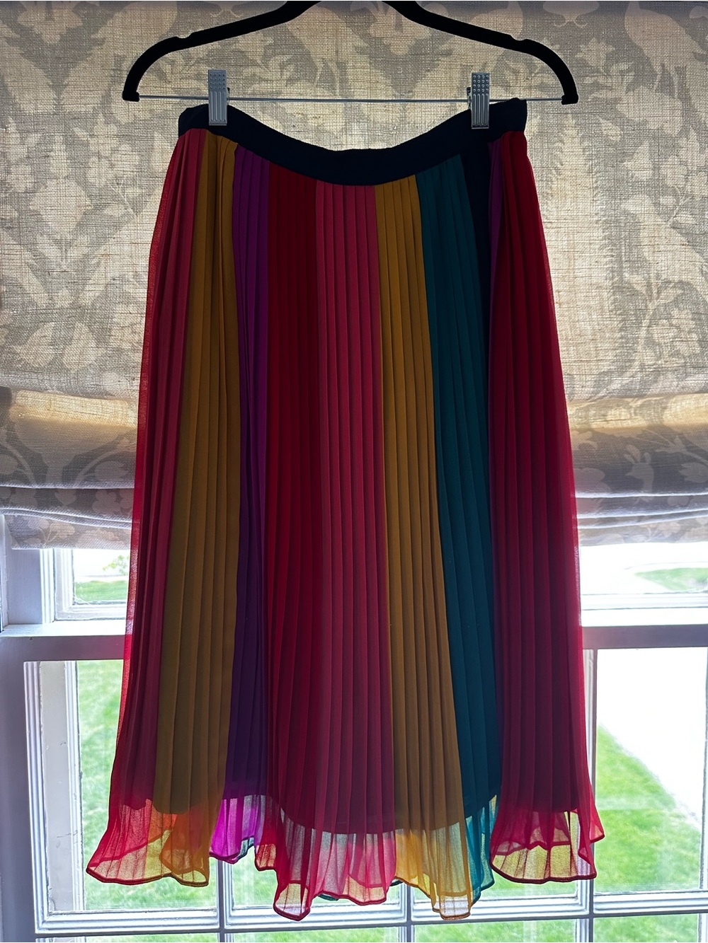 J. Crew Pleated Multi-Color Midi Skirt in Red, Mustard, Teal, Purple